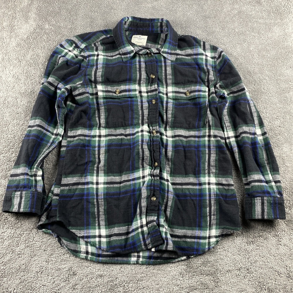 American Eagle Oversized Fit Shirt Mens Medium Green Black Plaid Button Up